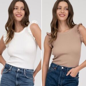 The Workshop NWT White or Taupe Ruffle Sleeveless Knit Tank Top